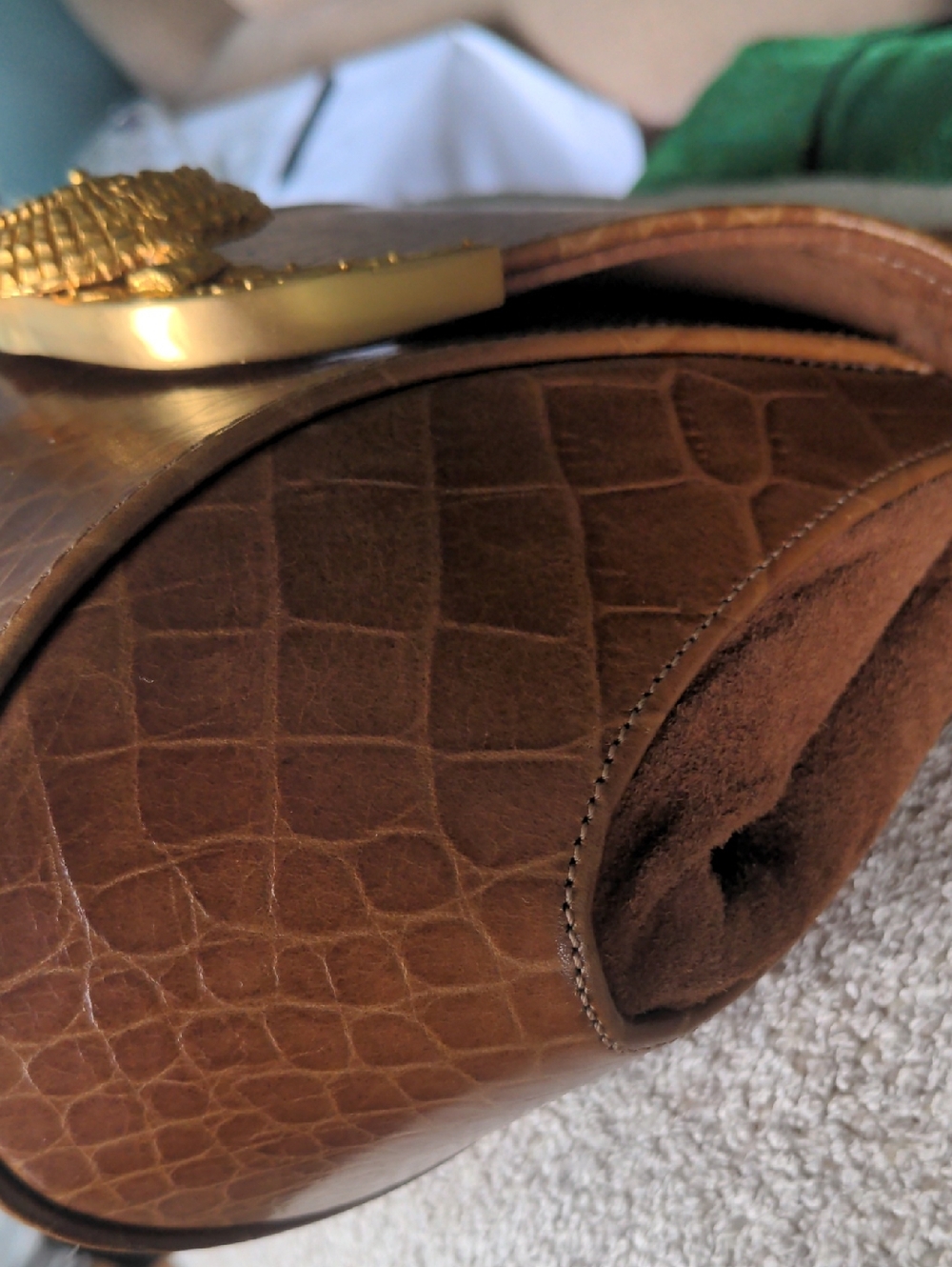 Vintage Faux  Crocodile Crossbody Bag,,  Structured, Heavy Brass Crocodile, - Picture 3 of 14
